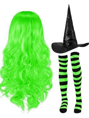 🎃Woman's Black Green Halloween Witch Hat Wig Striped Thigh High Socks Costume